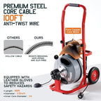 Albott 100 FT x 1/2 inch Electric Drain Cleaner Machine with Auto-Feed & 10 Cutters, Sewer Snake Auger for 1–4 Inch Pipes, Foot Switch & Wheels, Ideal for Home & Commercial Use, Gray/Red