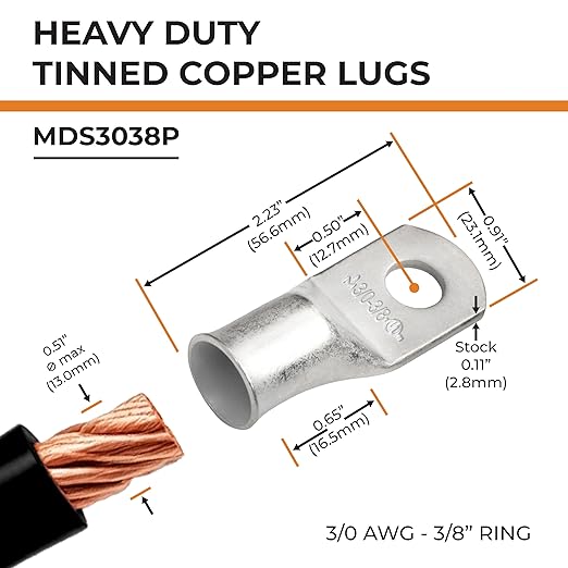 SELTERM 10pcs 3/0 AWG-3/8 Stud Tinned Copper Wire Lugs, Heavy Duty Battery Cable Ends,000 Gauge Ring Terminals, UL Battery Lugs Marine Grade Copper Eyelets Electrical Battery Terminal Connectors