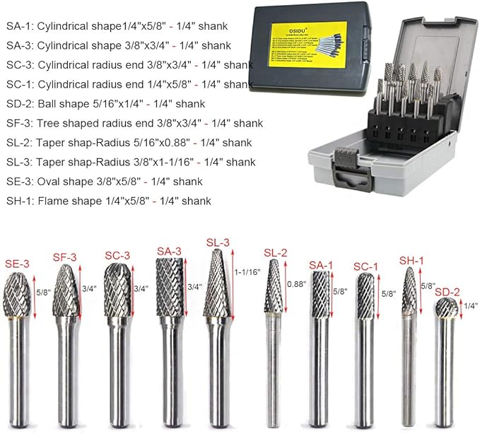 Carbide Burrs Set 1/4 Inch Shank Double Cut Solid Carbide Rotary Burr Set for Die Grinder Drill, Metal Carving, Polishing, Engraving, Drilling(10pcs)