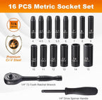 16-Piece 1/4" Drive Socket Set, Metric (4mm-15mm), Deep Sockets, 72-Tooth Ratchet Wrench, Drive Spinner Handle, 6 Point Design, Cr-V