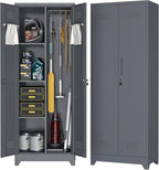 65''H Broom Closet Storage Cabinets, Metal Utility Closet Storage Cabinet, Indoor Cleaning Cabinet with Adjustable Shelves and S-Hooks for Bathroom,Garage