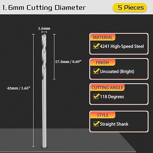 Drill Bit, 1.6mm Cutting Diameter, 4241 HSS 118° Cutting Angle Uncoated Bright Versatile Jobber Bits - (Applications: for Drilling Plastic Wood Soft Metal), 5-Pieces