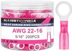 haisstronica 200PCS Heat Shrink Ring Terminals 5/16" Marine Grade Wire Connectors Red AWG 22-16 Gauge, Tinned Red Copper 0.7mm Resistant Ring Connectors, Brazed-Seam Insulated Electrical Crimp