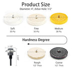 SCOTTCHEN 4" Buffing Polishing Wheels Soft(30Ply)/ Fine(50Ply)/ Medium(38Ply)/ Coarse 1/2" Thick/Rough 1/2" Thick with 1/2" Arbor Hole with 2sets 1/4" Shank for Drill - 5Pack