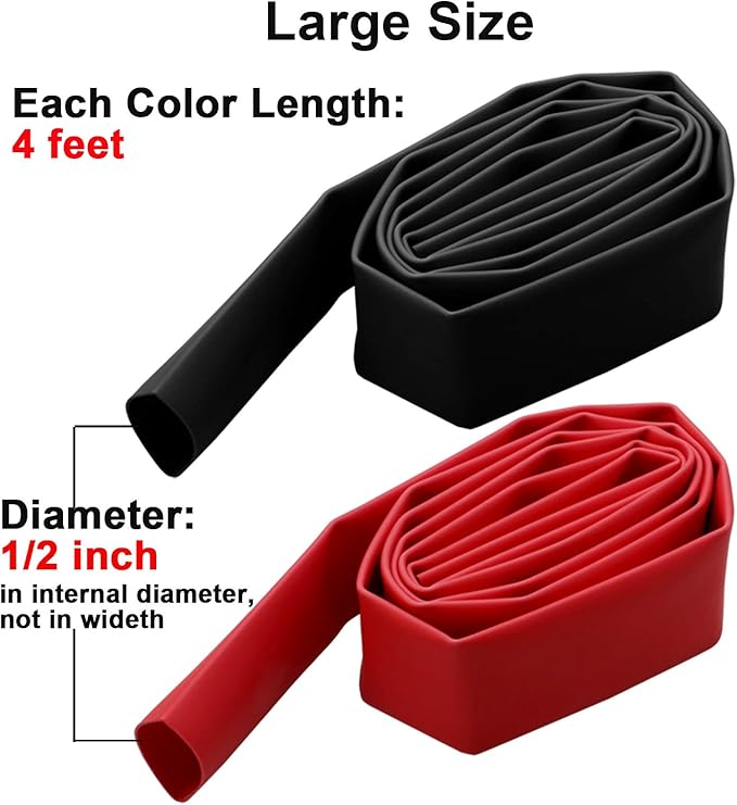 2 Pcs 1/2 inch (Diameter) Heat Shrink Tubing, 3:1 Adhesive-Lined Large Heat Wire Shrinkable Tube by MILAPEAK (4 Feet, Black & Red)