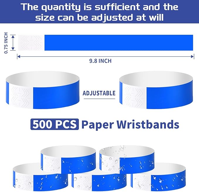 500 Pcs Blue Paper Wristbands for Events Waterproof Neon Wrist Bands Adhesive Concert Identification Wristbands Hand Bands for Events (Blue)
