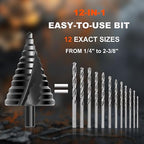 COMOWARE Step Drill Bit, 12 Sizes from 1/4" to 2-3/8", High Speed Steel Step Bit with 2 Spiral Flutes, 3-Flat Shank, Steps Bits for Metal, Aluminum/Wood/Plastic/Iron, Unibit for Electricians & DIY