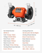 VEVOR Bench Grinder, 6-inch Single Speed Bench Grinder, 1750RPM Low-Speed Table Grinders with 250W 2A Induction Motor, 36/60-Grit Grinding Wheels & Adjustable Tool Rest for Precise Sharpening Grinding