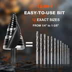 COMOWARE Step Drill Bit, 12 Sizes from 1/4" to 1-3/8", High Speed Steel Step Bit with 2 Spiral Flutes, 3-Flat Shank, Steps Bits for Metal, Aluminum/Wood/Plastic/Iron, Unibit for Electricians & DIY