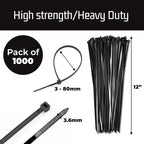 Bolt Dropper 12-Inch Black Zip Ties - 1000-Pack Heavy Duty Wire and Cable Ties - Durable Self-Locking Nylon with 40 lbs Tensile Strength - UV and Temperature Resistant for Indoor and Outdoor Use
