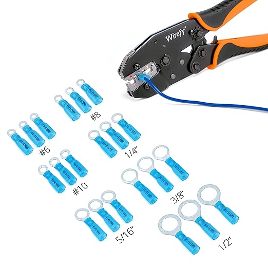 Wirefy 130 PCS Heat Shrink Ring Terminals #6 - a Resistant Ring Connectors - Eyelet Wire Connectors - Blue 16-14 AWG