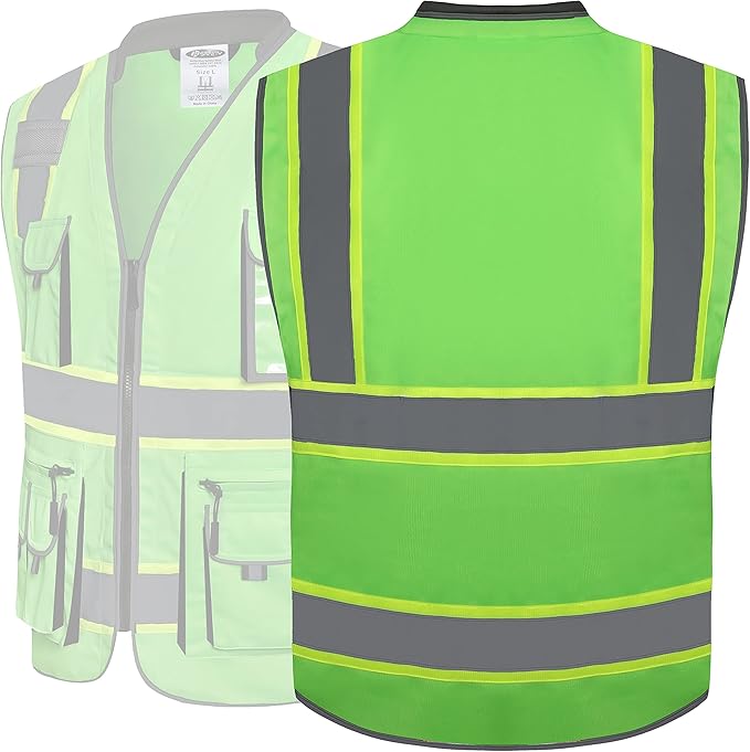 JKSafety 10 Pockets Hi-Vis Zipper Front Fluorescent Green Safety Vest | Cushioned Collar | High Reflective Tapes with Extended Neon Yellow Strips | Meets ANSI/ISEA Standards (5X-Large, 89-Green)