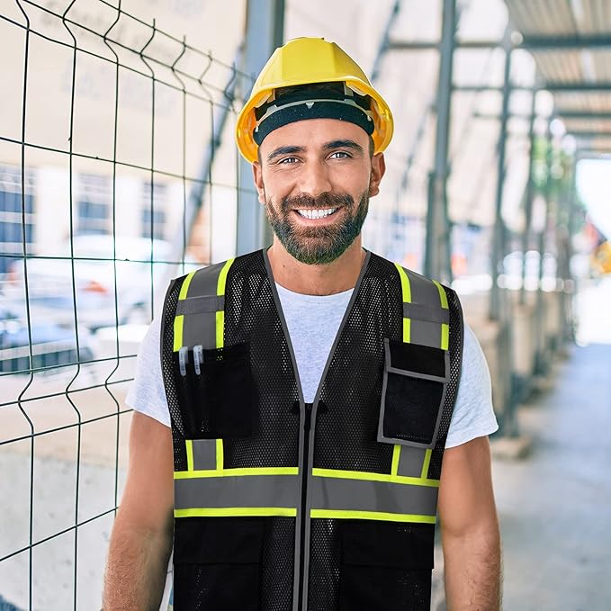 SKSAFETY 10 Pockets Safety Vest, Class 2 High Visibility Security with Zipper Double-sided mesh, Hi Vis Vest with Reflective Strips, ANSI/ISEA Standard, Construction Work Vest （Black, 4XL）