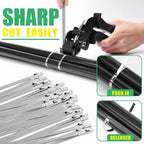 Heavy Duty Stainless Steel Cable Tie Gun Kit with 200 PCS 8.3 Inch Self-Locking Metal Zip Ties, Adjustable Tension & Cutting Tool for Garden Fence Repair, Outdoor Projects, Automotive (8.3'')