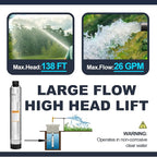 WASSERMANN 4" Septic Pump Submersible Effluent/Cistern Bottom Suction Pump with 33FT Cable,1/2HP,115V/60HZ,26GPM,138FT Head,Stainless Steel Deep Well Pump for Septic Tank Home