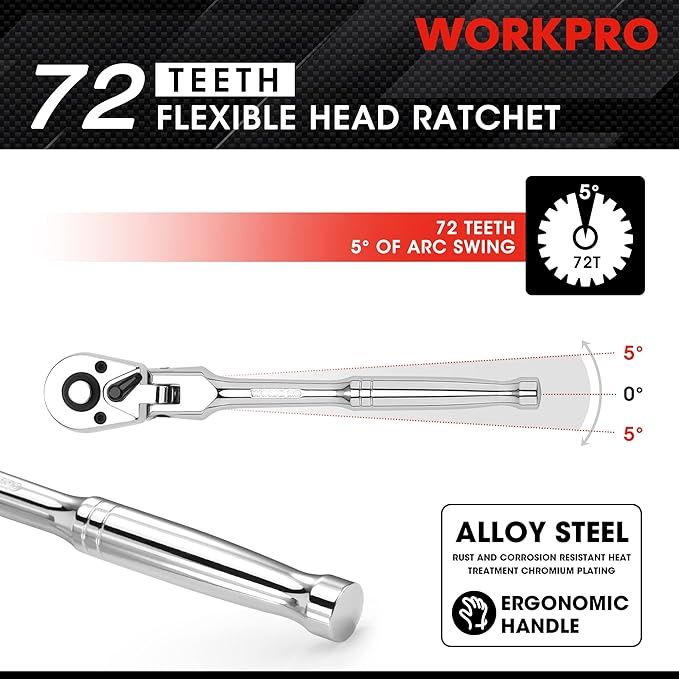WORKPRO 1/2" Drive Flex Head Ratchet 72-Tooth Ratchet Flex Head with Chromium Plating Quick Release Reversible Design, 5 Degree Swing