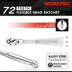 WORKPRO 3/8" Drive 72-Tooth Flex Head Ratchet with Chromium Plating Quick Release Reversible Design, 5 Degree Swing