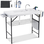 AHB 42'' Outdoor Fish Cleaning Table Portable Camping Sink Station with Double Sinks, Collapsible Swivel Faucet, Picnic Sink Table with 6pc Fish Cleaning Kit for Picnic Beach Patio