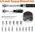 AEROFORCE 19Pcs 1/4 inch Drive Click Dual-Direction Adjustable Bike Torque Wrench Set（4-20 Lb.ft/5.4-27.2 Nm）, with 6 Sockets, Hex, Torx, Extension Bar, 1/4'' Ratchet Wrench, Maintenance Kit for MTB.