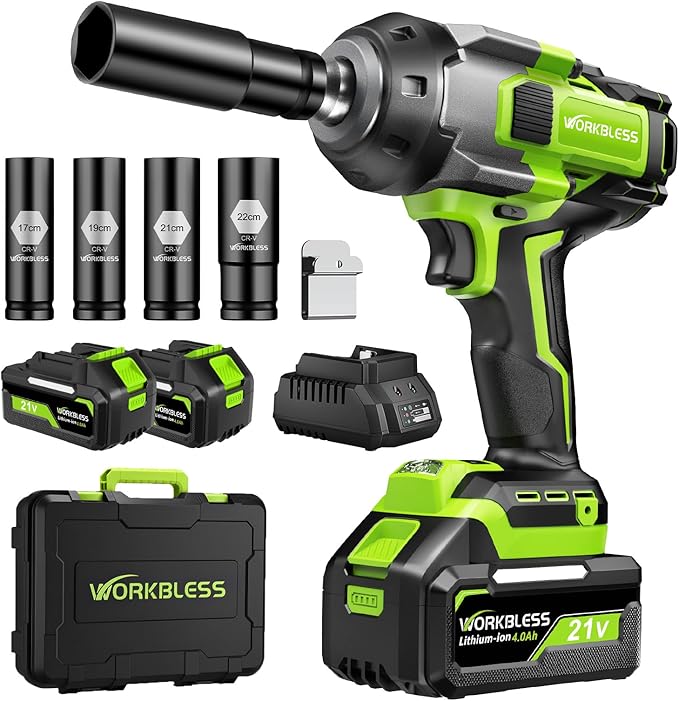 Brushless Cordless Impact Wrench 1500Nm (1100Ft-lbs) High Torque, 1/2 Inch Impact Gun with 2x20V 4Ah Batteries, 3-Speed, 4 Cr-V Sockets (17/19/21/22mm) for Car Tire, Mower Lug Nut