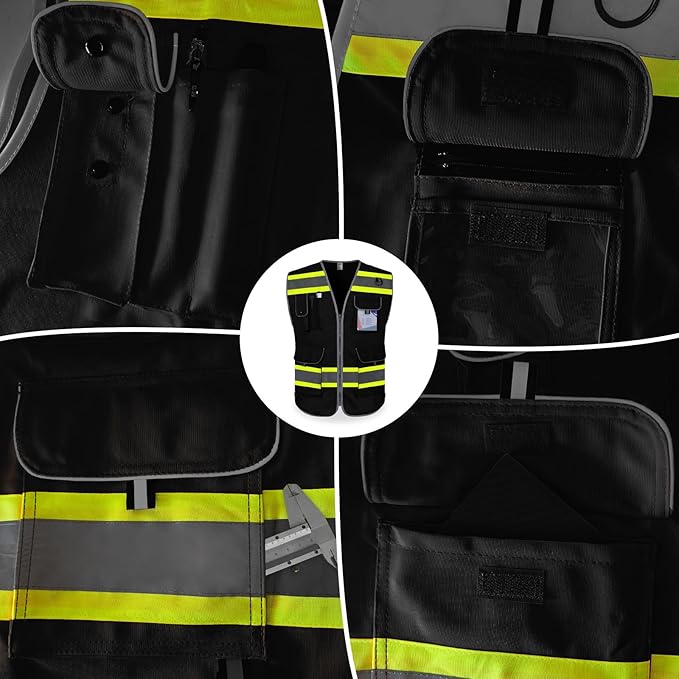 TCCFCCT Safety Vest 9 Pockets High Visibility Reflective Safety Vest for Men Women, Hi Vis Work Vest with Fluorescent Yellow Extend Edge for Workers, Surveyors, Meets ANSI/ISEA, (DB-Black, 3X-Large)