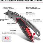 HAUTMEC Heavy-Duty Utility Knife, Safety Box Cutter with Auto-Retracting & 3-Position Locking Dual-System, Built-In Wire Stripper, Blade Storage and 3 Ultra-sharp SK4 Blades – HT0311