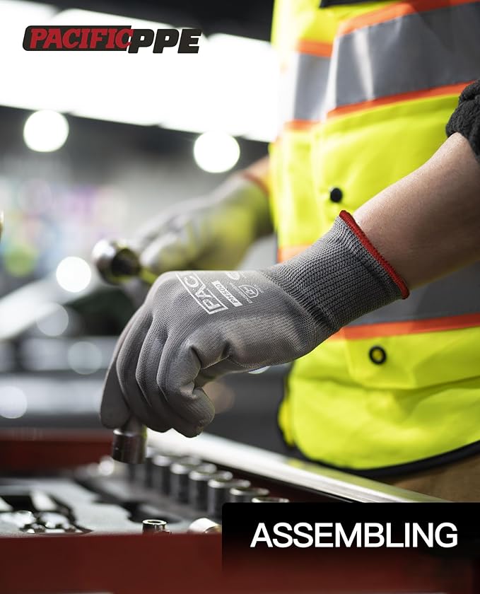 PACIFIC PPE Work Gloves for Men and Women, 18 Pairs Bulk Pack Mechanic Touchscreen Working Gloves, PU Coated, Mens Gardening Gloves, Lightweight, Grey, X-Large