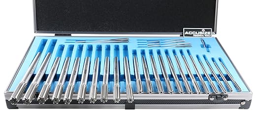 Accusize Industrial Tools 29 Pc Set 1/16 to 1/2 inch by 1/64 in HSS M2 Premium Chucking Reamers, Straight Flute, Aluminum Case, 5528-SF00