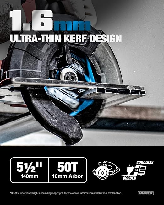 CRALY 5-1/2 Inch 50 Teeth Aluminum and Non-Ferrous Metal Cutting Circular Saw Blade, 10 mm Arbor, Carbide Tipped, Thin Kerf, Black Ice™ Coating, for Thin Aluminum, Plastic, Composite(C05550AL-B)
