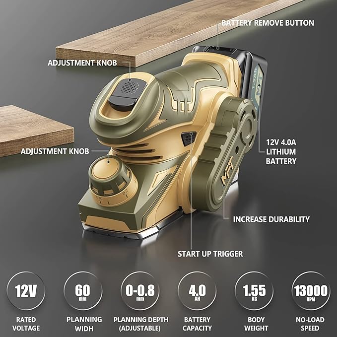 XtremepowerUS 12V Cordless Portable Planer 13,000 R/Min Electric Hand-Planer for Woodworking Planer Wood Planer Charger & Battery W/Storage Bag
