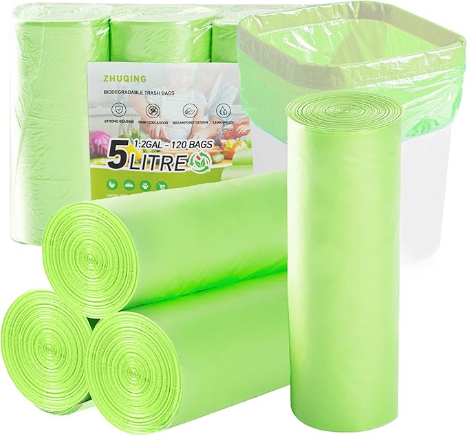 Zhuqing 1.2 Gallon Trash Bags, 5L Biodegradable Garbage Bags, 120 Counts Compost Wastebasket Liners Bags for Kitchen Bathroom Office, Green