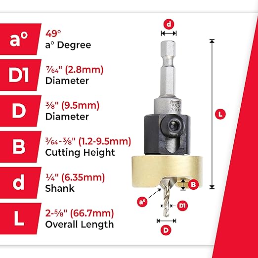 Amana Tool 82 Degree Countersink with Drill Bit Depth Stop and No-Thrust Ball Bearing, 55241, 3/8 D x 7/64 Drill D x 1/4 Inch Quick Release Hex Shank
