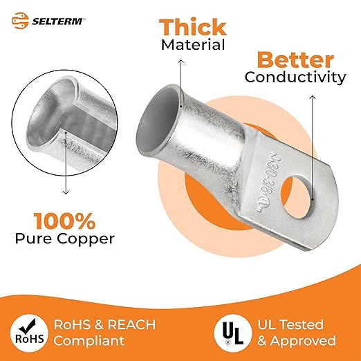 SELTERM 10pcs 3/0 AWG-3/8 Stud Tinned Copper Wire Lugs, Heavy Duty Battery Cable Ends,000 Gauge Ring Terminals, UL Battery Lugs Marine Grade Copper Eyelets Electrical Battery Terminal Connectors
