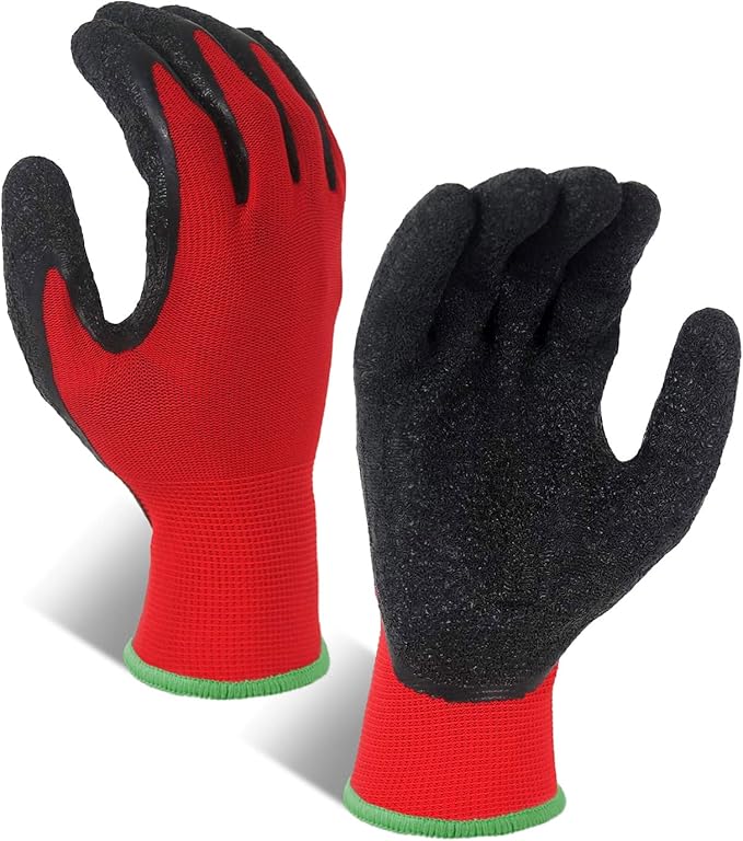 Evridwear Crinkle Latex Rubber Hand Coated Safety Work Gloves for Men Women General Multi Use Construction Warehouse Gardening Assembly Landscaping (XL-Size) 12 Pairs Pack