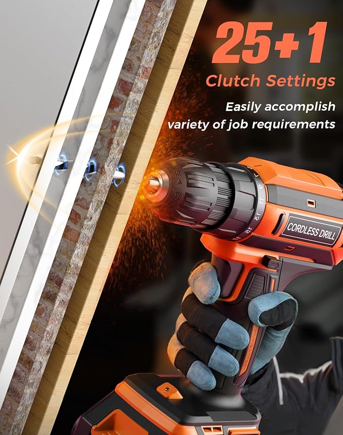 Cordless Drill, 20V MAX Power Drill Set with 2.0Ah Power Pack & Charger, 3/8 Inch Keyless Chuck, Variable Speed, 25+1 Position and 56PCS Bits/Screws, Power Tools for Home Projects