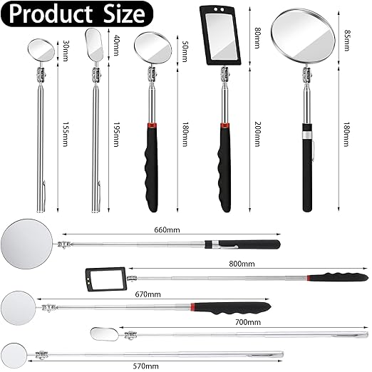 5 Pcs Telescoping Inspection Mirror Set Round Stainless Steel Mirror 360 Rotation Adjustable Inspection Tool with Long Handle for Check The Vehicle, Observe The Eyelashes, Mouth(Popular Style)