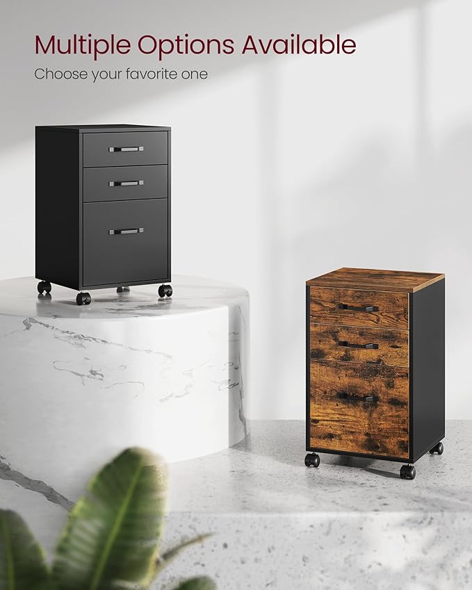 VASAGLE File Cabinet, 3 Drawers Filing Cabinet for Home Office, with Wheels, for A4, Letter Sized Documents, Hanging File Folders, Ink Black UOFC065B16
