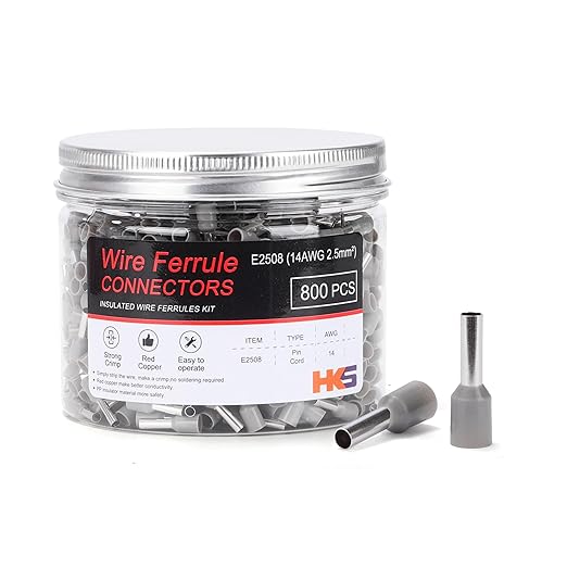 HKS 800PCS Wire Ferrule Connectors - AWG 14-2.5mm² Copper Barrel Pin Cord Ends Insulated Ferrules Terminals - E2508 Grey