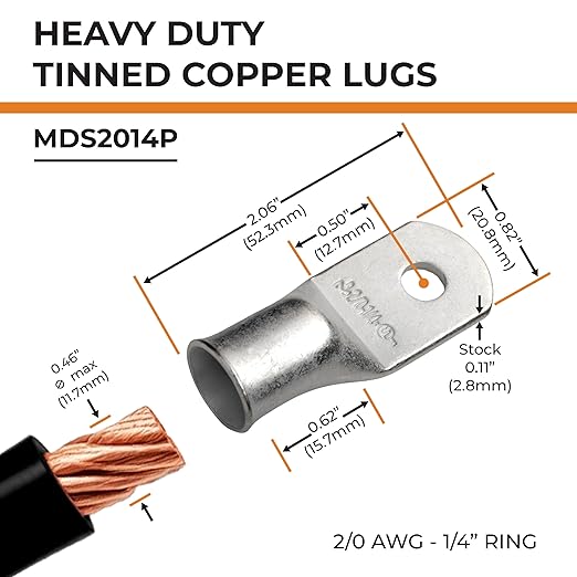 SELTERM 2pcs 2/0 AWG 1/4" Stud Tinned Copper Wire Lugs, Battery Lugs, Ring Terminals, Battery Cable Ends, 00 Gauge Ring Terminal Connectors, UL Marine Grade Electrical Battery Terminal Connectors