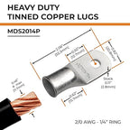 SELTERM 10pcs 2/0 AWG-1/4 Stud Tinned Copper Wire Lugs, Heavy Duty Battery Cable Ends,00 Gauge Ring Terminals, UL Battery Lugs Marine Grade Copper Eyelets Electrical Battery Terminal Connectors