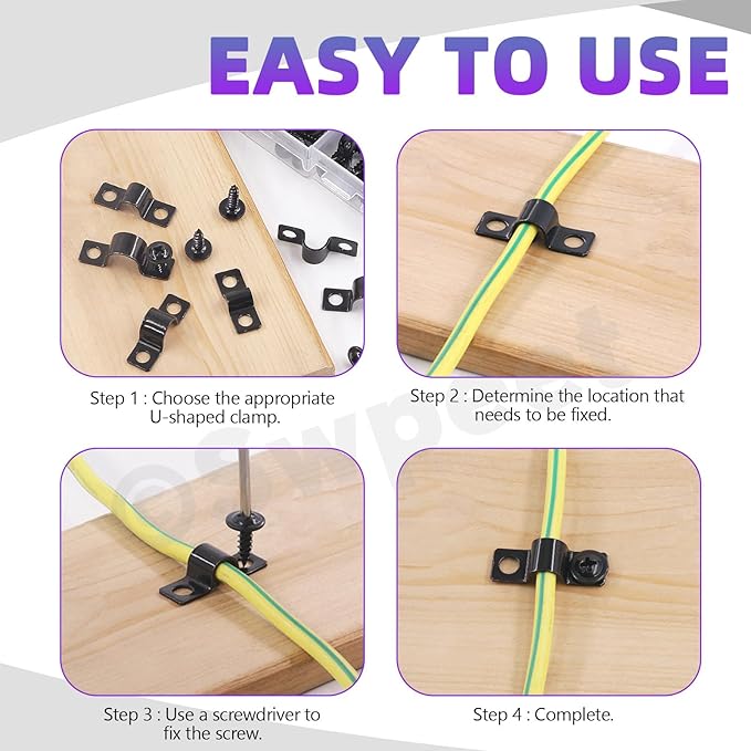 Swpeet 120Pcs 4 Sizes 5mm 8mm 10mm 12mm Two Hole U Bracket Clamp with Screws Assortment Kit, U-Clamps, Metal Pipe Clamps, Pipe Strap Clamps, Conduit, Tension Clips for Fixing Pipe or Cable