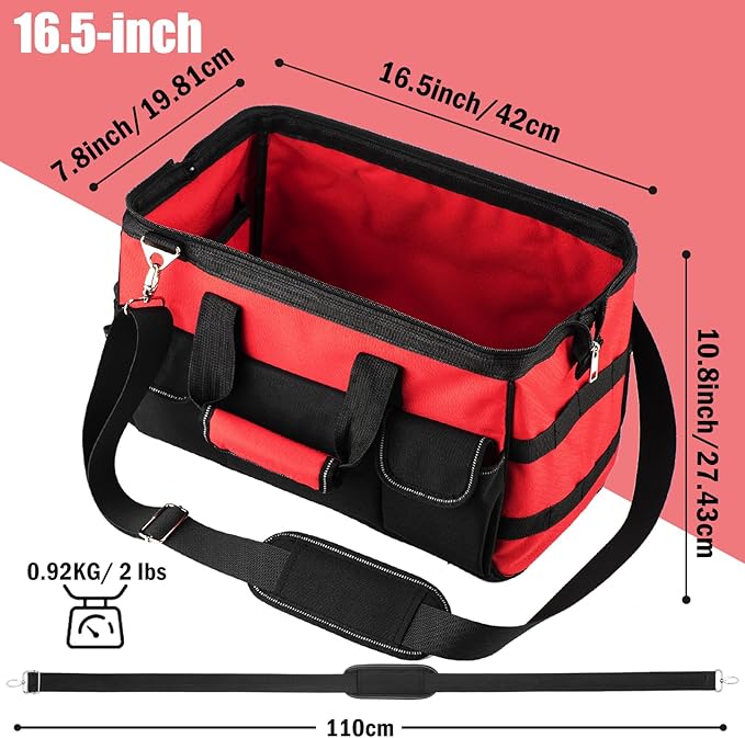 Tool Bag, Foldable Open 16 Inch Top Tool Bag Organizer for Easy Tool Access, Water-Resistant Construction, Electrician ToolBag with Handle & Padded Adjustable Strap, Red