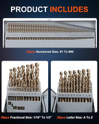 COMOWARE 115Pcs Drill Bit Set (1/16"-1/2"), M35 HSS Twist Drill Bits, Jobber Length, Straight Shank, Metal Drills bit Set for Steel, Stainless Steel/Iron/Wood/Plastic, with Metal Indexed Storage Case