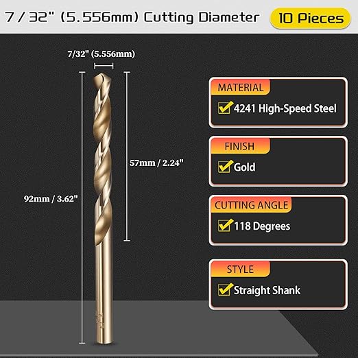 Drill Bit, 7/32" Cutting Diameter (5.556mm), 4241 HSS Gold 118° Cutting Angle Versatile Jobber Bits - (Applications: for Drilling Plastic Wood Soft Thin Metal), 10-Pieces