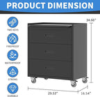Metal Storage Cabinet with Wheels, Garage Storage Cabinet with 3 Drawers, Rolling Tool Storage Cabinet, Assembly Required, Black