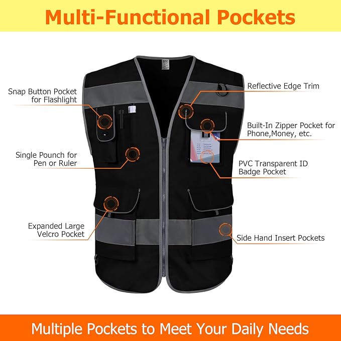 TCCFCCT Safety Vest for Men Women, 9 Pockets High Visibility Reflective Safety Vest, Hi Vis Construction Vest with Reflective Strips, Meets ANSI/ISEA Standards, (Black, Small)