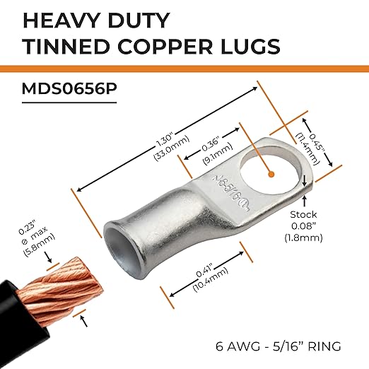 SELTERM 2pcs 6 AWG 5/16" Stud Tinned Copper Wire Lugs, Battery Lugs, Ring Terminals, Battery Cable Ends, 6 Gauge Ring Terminal Connectors, UL Marine Grade Electrical Battery Terminal Connectors
