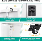 75" Tall Metal Storage Cabinet with Wheels,Rolling Garage Storage Cabinet with Lock,White Metal Cabinets with Wheels and Shelves,Tool Cabinets on Roller for Garage,Home,Office,Shop