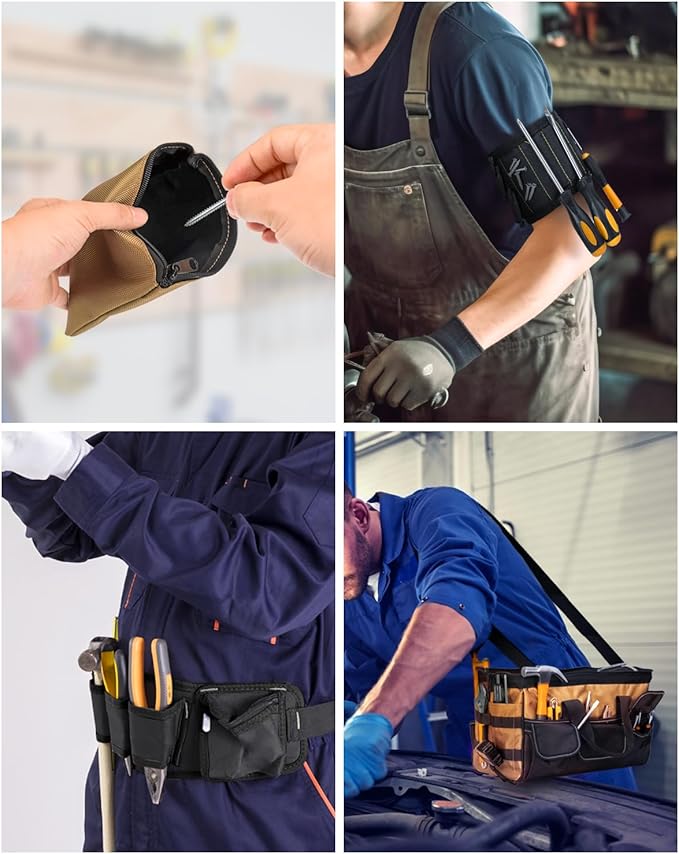 12 Inch Small Tool Bag-48 Pockets,1680D Tear&Abrasion Resistant,Includes Tool Pouch,Tool Belt,Magnetic Wristband&Adjustable Shoulder Strap | Tool Organizer(Brown)