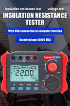Digital Insulation Resistance Tester 100V-1000V /0.06MΩ-50.00GΩ Megohm Tester Auto Ranging 2000 Counts 2V~750V AC/DC Voltmeter with 500 Data Storage LCD Display(ZC-501)